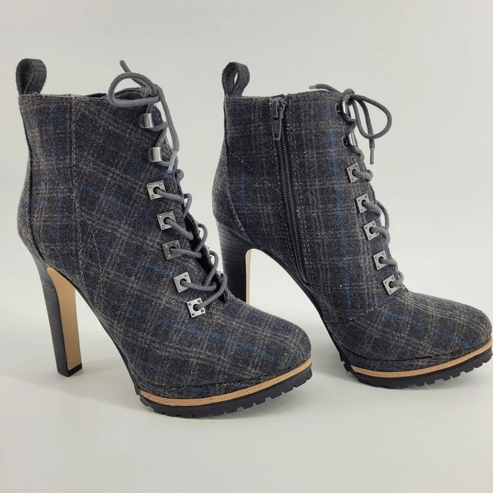 Gianni Bini Tosti Grey Plaid Lace Up Stiletto Platform Ankle Boots Womens 7M